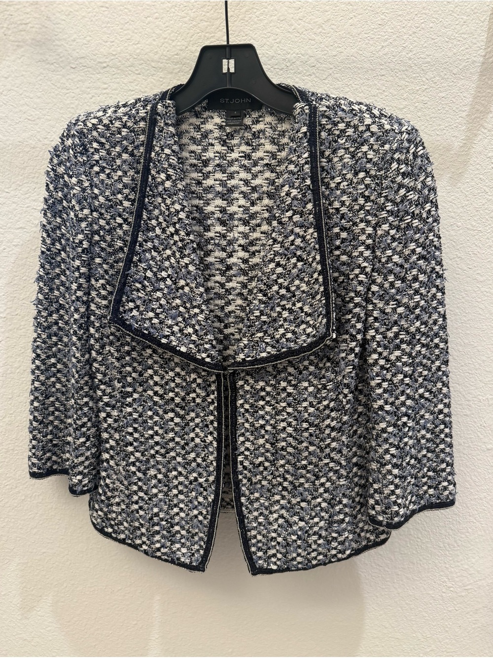 St. John Navy and White Tweed Open Front Blazer